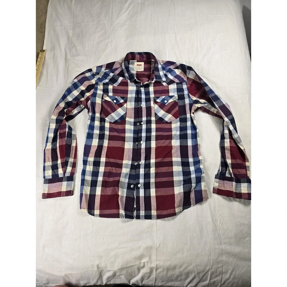 Levi's Shirt Mens Medium Red Blue Plaid Western Pearl Snap Long Sleeve Casual